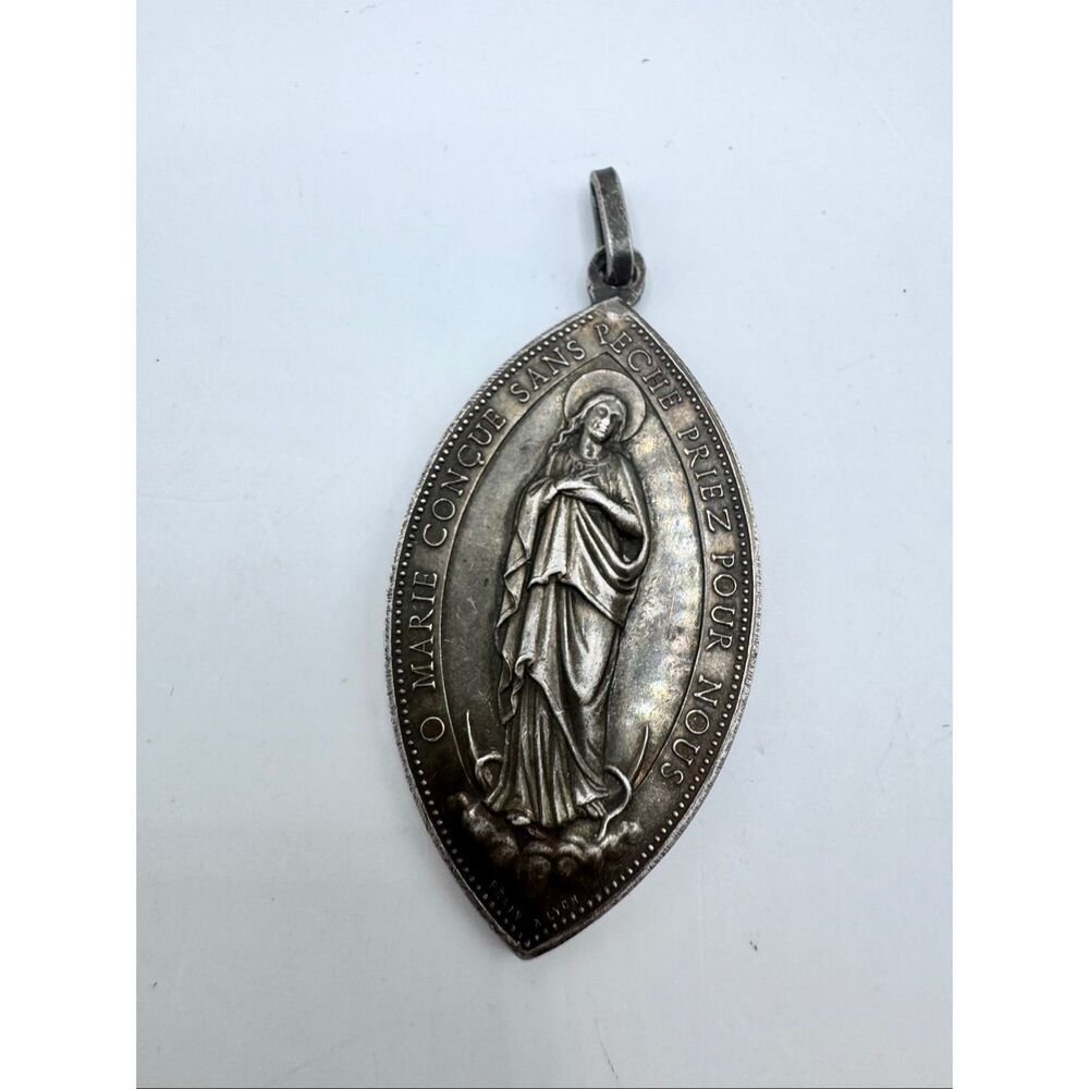 Antique French Solid Silver Penin Lyon Navette Virgin Mary Medal